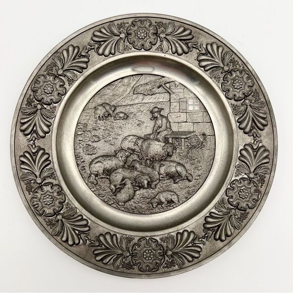 SKS Zinn 95% Pewter Decorative Round Wall Plate Decor Sheepherder West Germany - Picture 1 of 8
